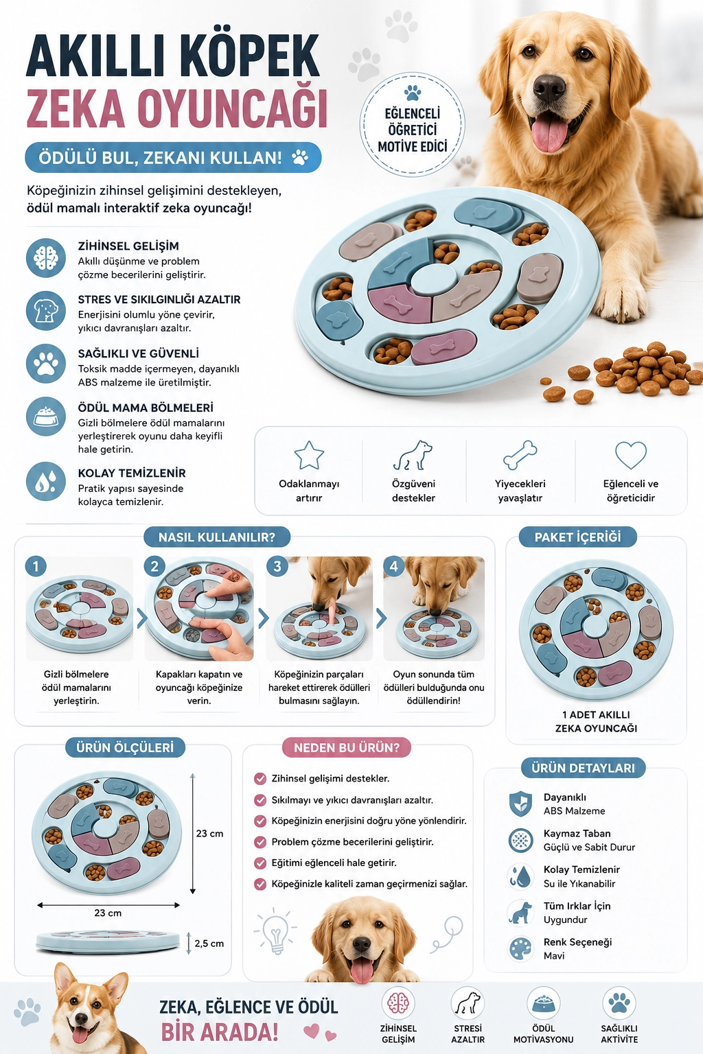Akıllı Köpek Zeka Oyuncağı | Döner Puzzle Mama Oyuncağı | Ödül Mamalı İnteraktif Slow Feeder Eğitim Oyuncağı