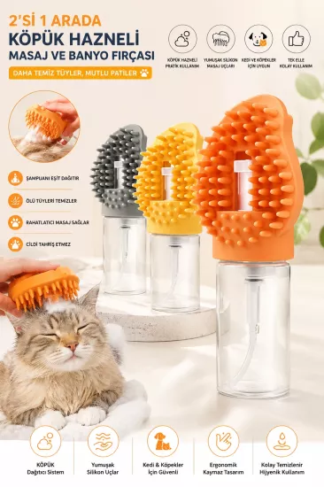 2’si 1 arada Kedi Köpek Banyo Fırçası ve Şampuan Dispenseri – Bol Köpük İçin Bastırın, Evcil Hayvanlar İçin Silikon Bakım Fırçası