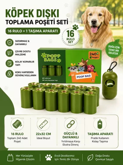 240 Adet Köpek Dışkı Toplama Poşeti (16 Rulo) + Dispenser | Sızdırmaz Dayanıklı Poop Bag Seti