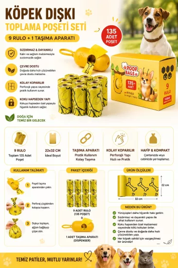 135 Adet Köpek Dışkı Toplama Poşeti (9 Rulo) + Dispenser | Sızdırmaz Dayanıklı Poop Bag Seti
