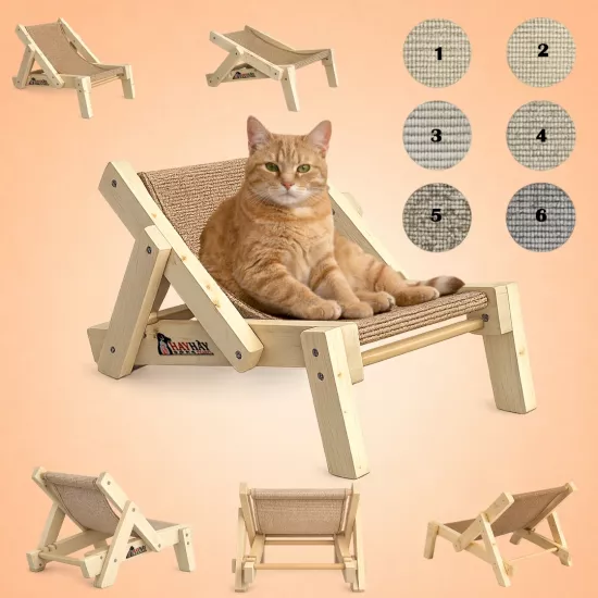 Doğal Ahşap Kedi & Mini Irk Köpek Şezlongu – Tırmalama Özellikli Özel Kumaş - Tornavida Hediyeli