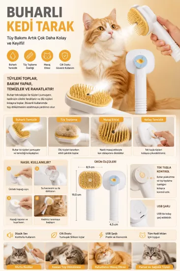 Buharlı Kedi ve Köpek Tarağı | USB Şarjlı Spreyli Tüy Toplama ve Masaj Fırçası | Silikon Evcil Hayvan Bakım Tarağı