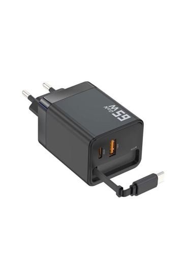 65W Süper Hızlı Şarj Cihazı | Dahili Type-C Kablo | USB-C & USB-A Çıkış | Çoklu Cihaz Desteği